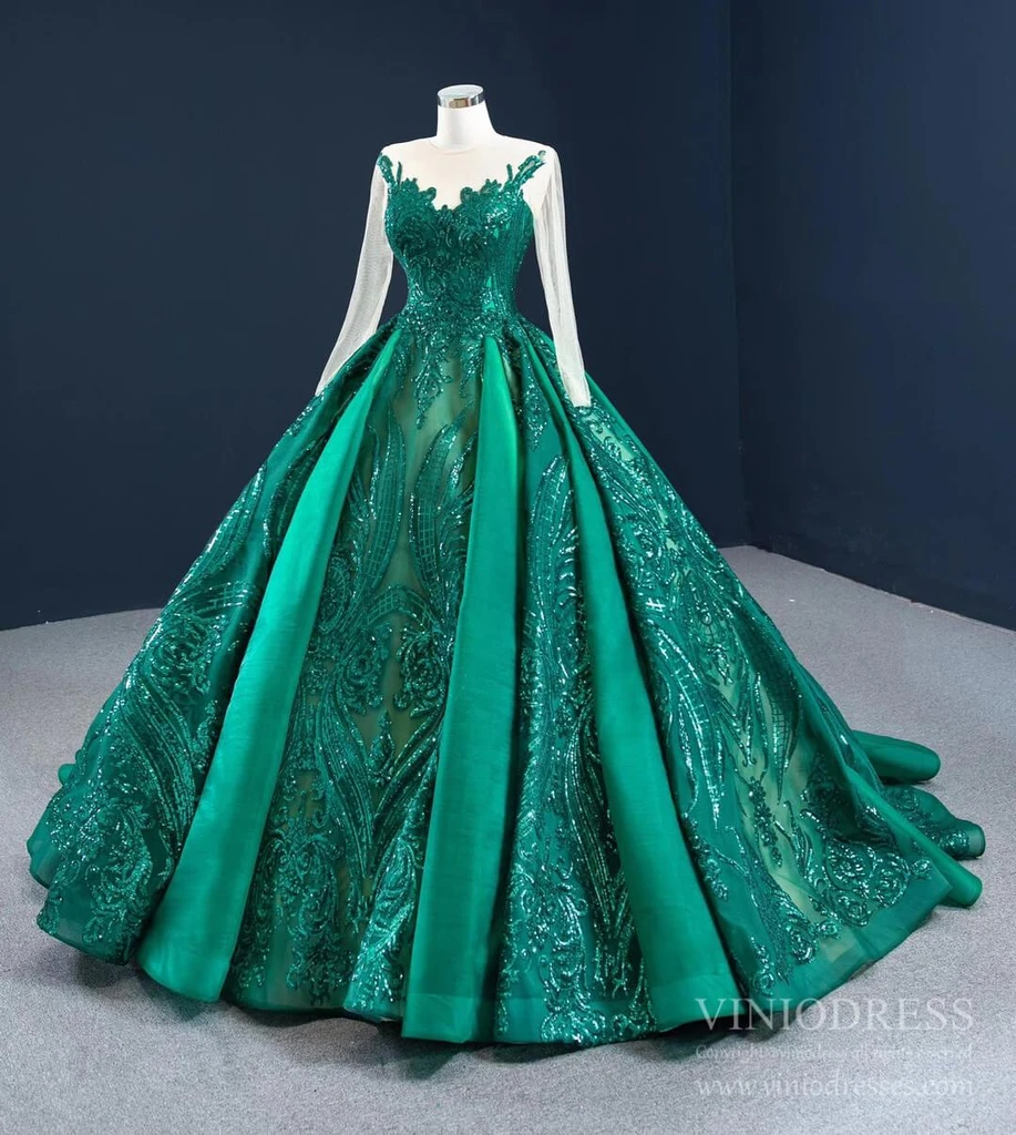 Emerald Green Quince Dress Long Sleeve Princess Ball Gown FD2454