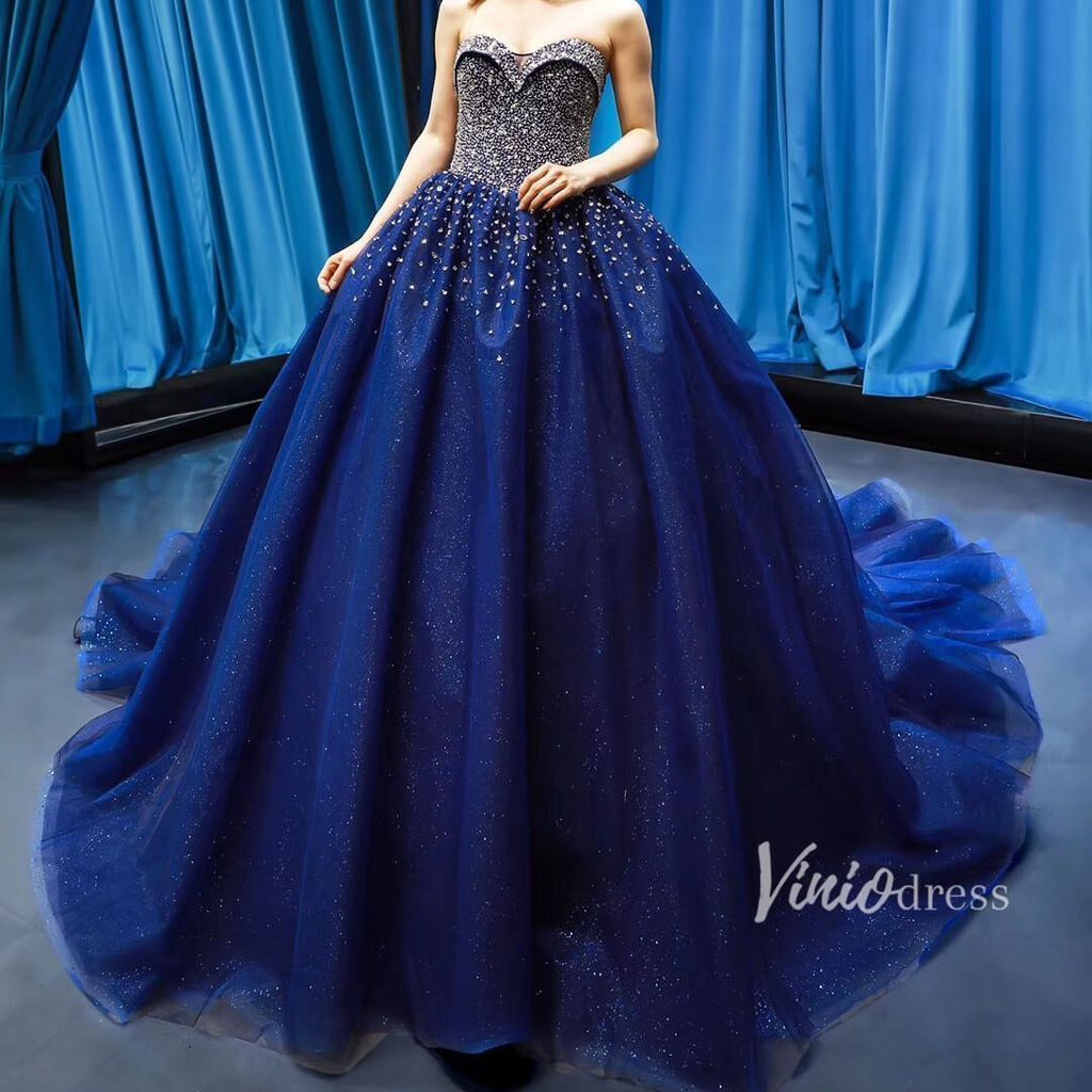 Royal Blue Beaded Prom Dresses Handmade Quinceanera Dress FD1213