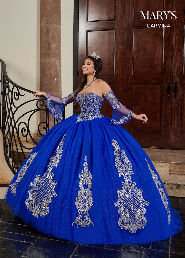 Glittered Applique Bell Sleeves Quinceañera Dress by Mary's Bridal