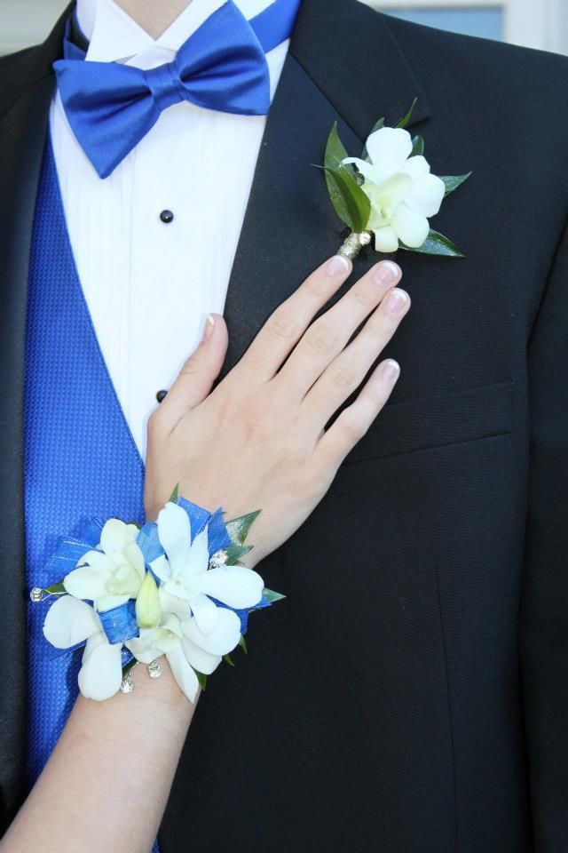 Prom or Homecoming Wristlet and Boutonniere - White Orchids - Royal