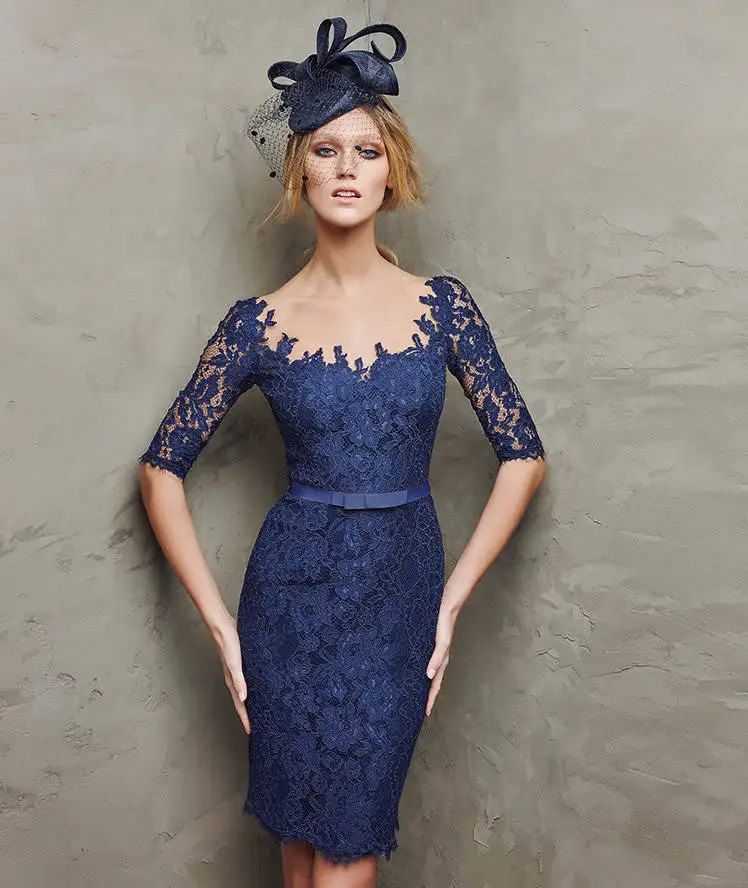 Dark Blue Fashionable Scoop neck Lace Cocktail Dress with Appliques