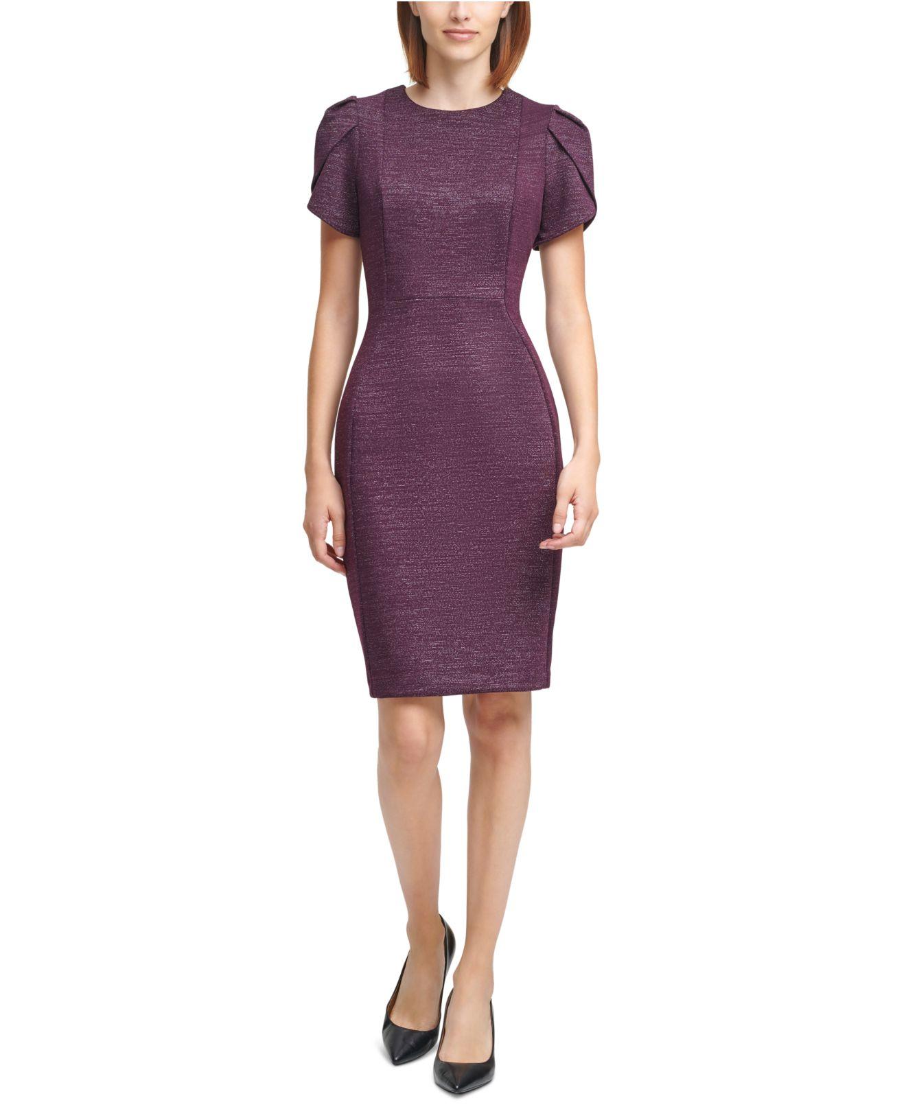 Calvin Klein Synthetic Glitter Tulip-sleeve Sheath Dress in Purple - Lyst