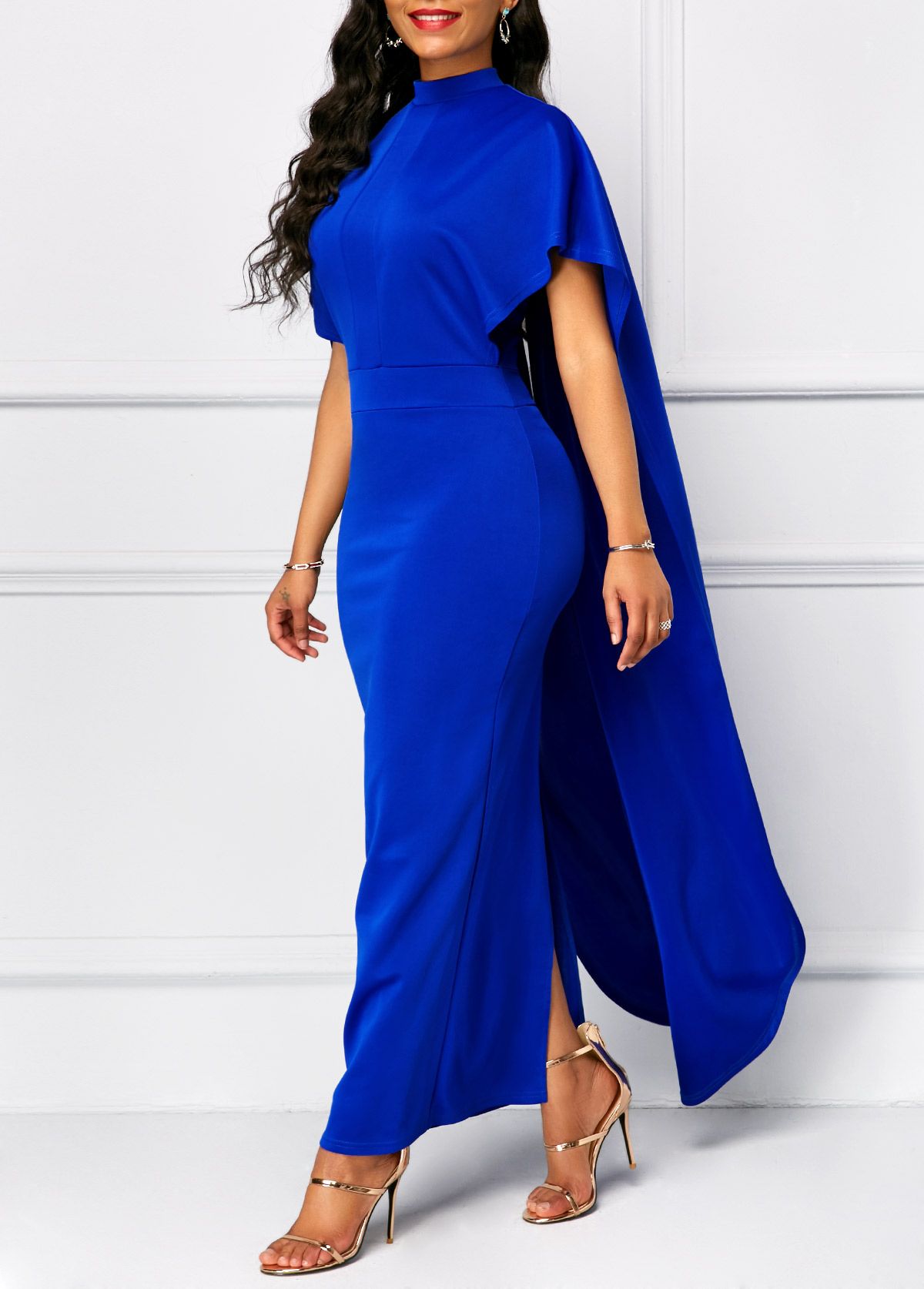 Mock Neck Short Sleeve Royal Blue Dress | Rosewe.com - USD $34.47