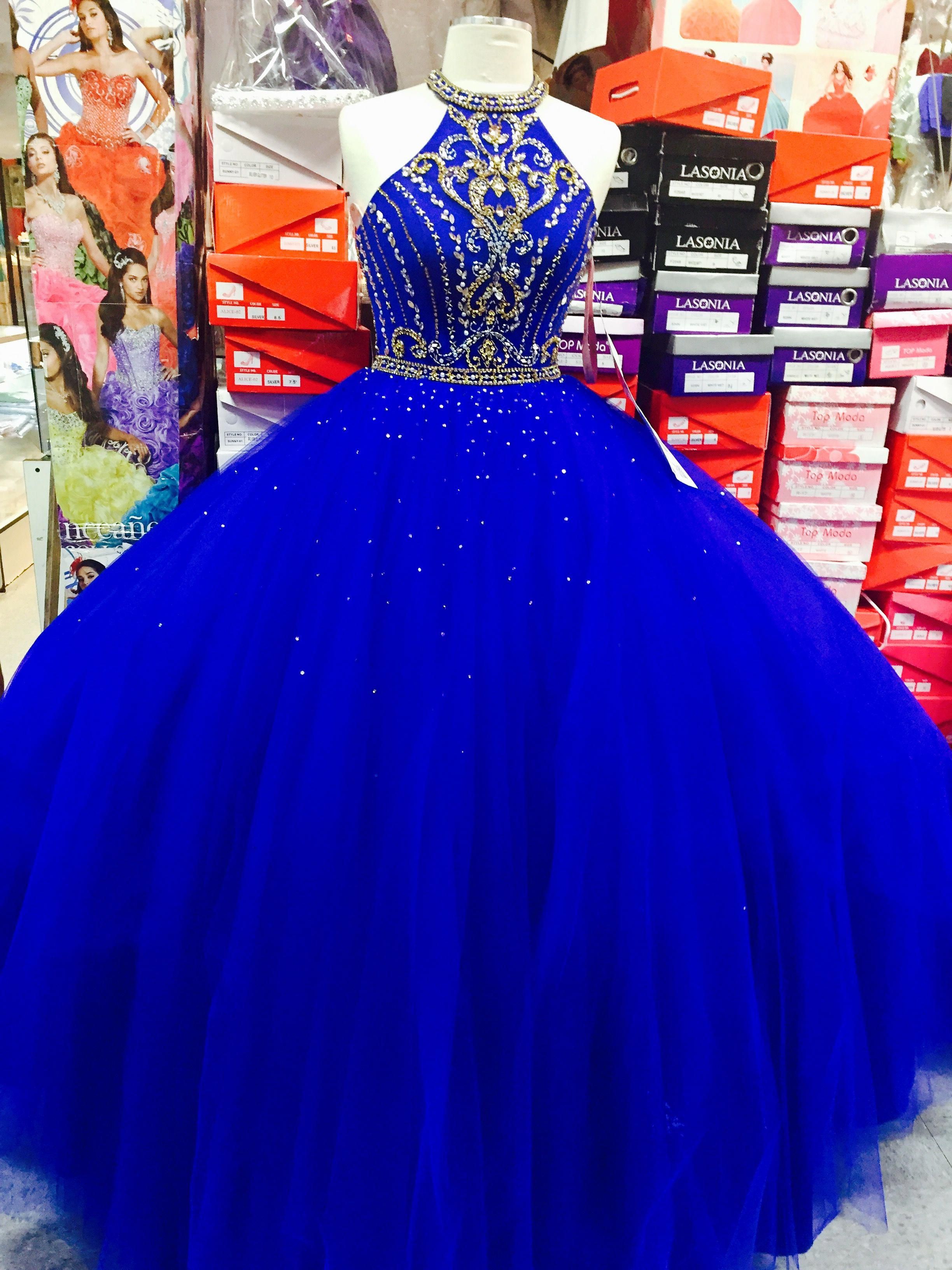 Royal Blue dress with bedazzled gold and silver sparkles #