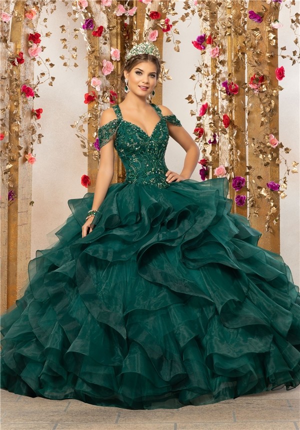 Quinceanera Dress Ball Gown Puffy Dark Green Organza Ruffle Beaded Prom