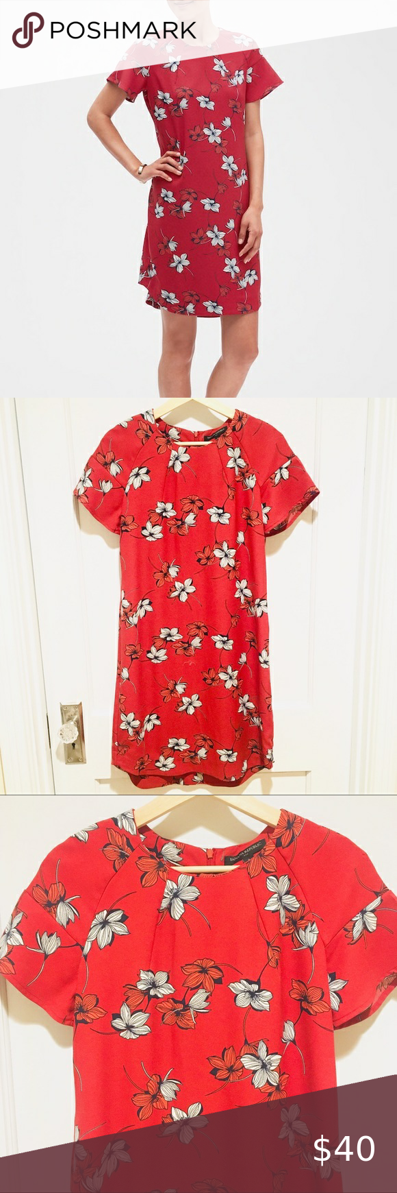 Banana Republic Red Floral Shift Dress Size 2 | Short sleeve shift