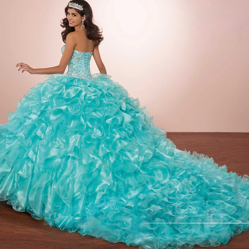 Ball Gown Luxury Crystals Princess Puffy Quinceanera Dresses Turquoise
