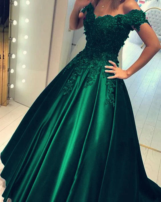 Emerald Green Quinceanera Dresses Off The Shoulder Ball Gown Satin Lace