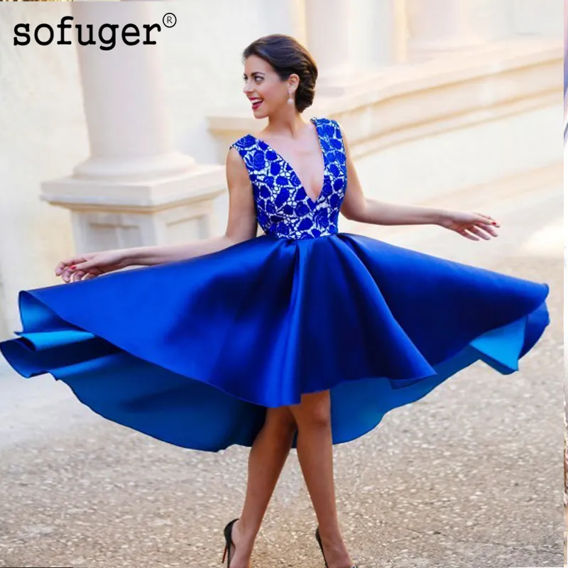Royal Blue 2019 Elegant Cocktail Dresses V neck Knee Length Lace