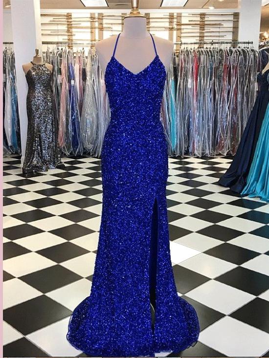 Royal Blue Sequins Long Sexy Sparkly Prom Dress Gown Low Back Evening