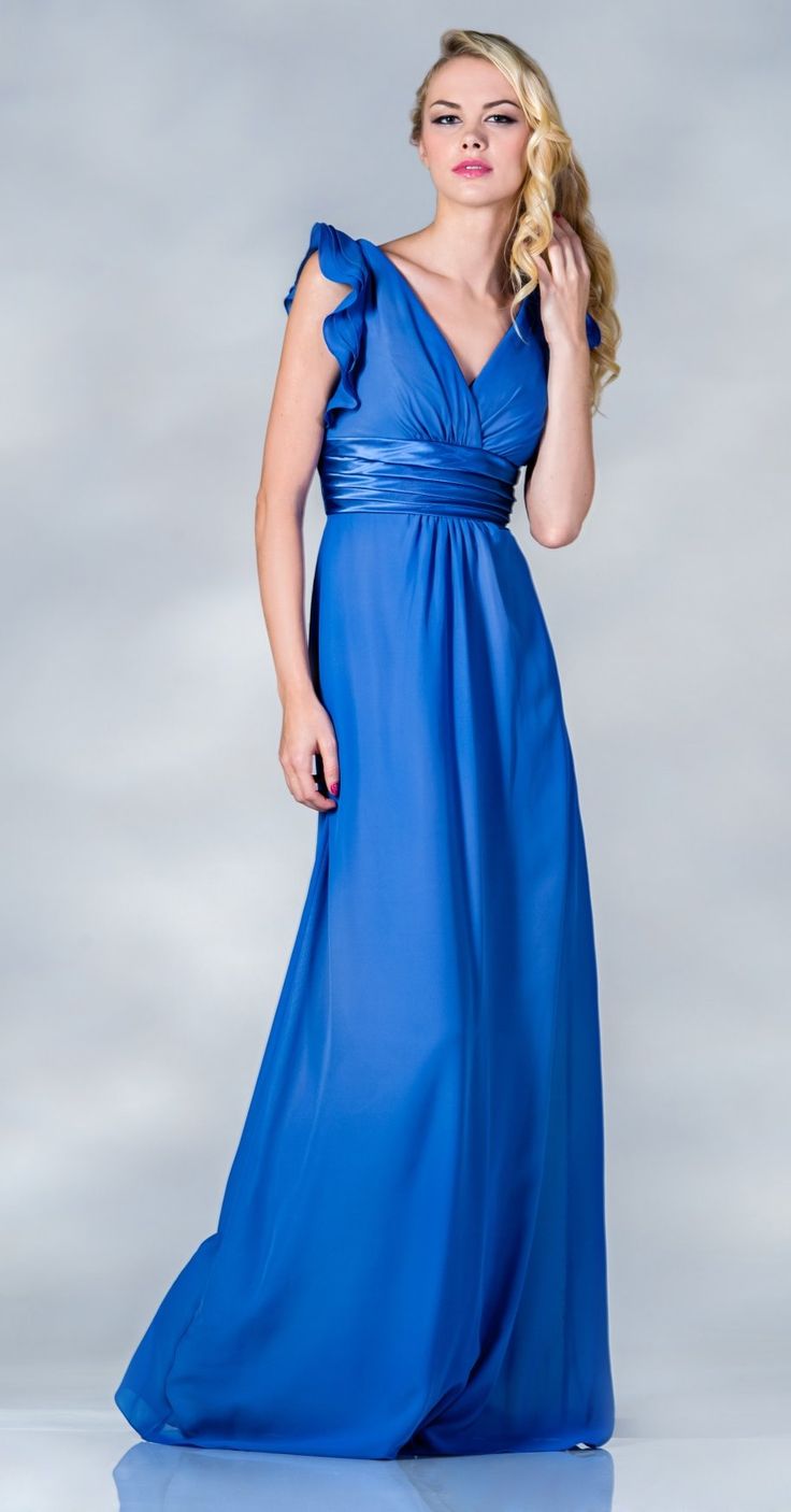 Long Chiffon Royal Blue Dress V Neckline Ruffled Sleeveless A Line $117