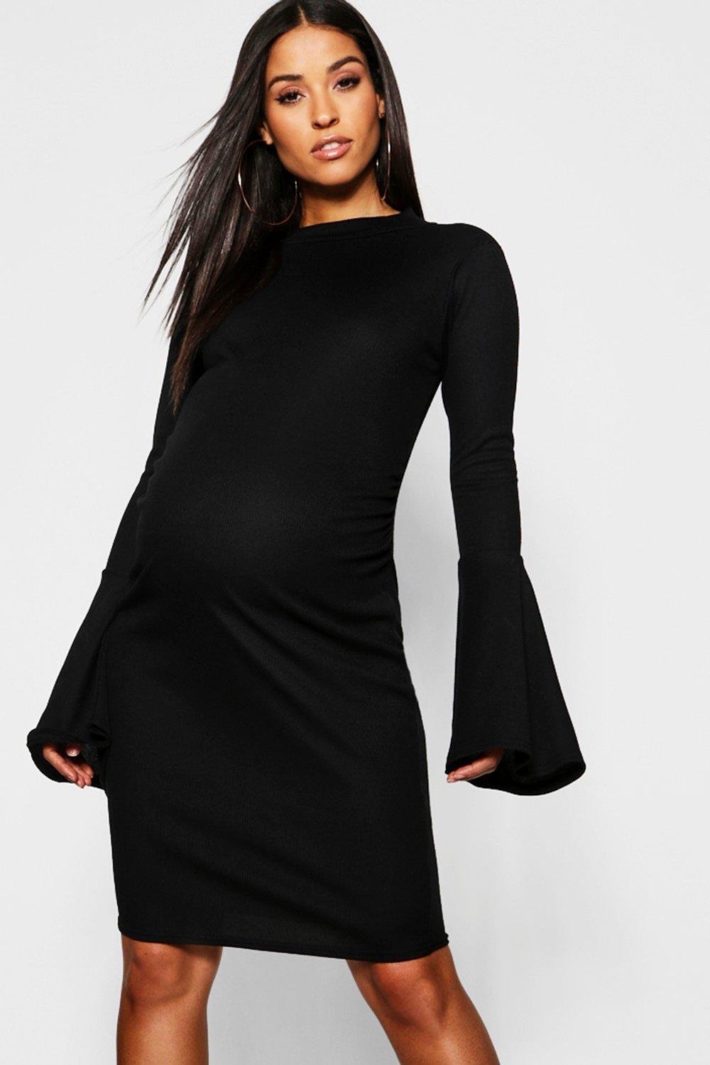 Boohoo Maternity Rib Flute Sleeve Bodycon Midi Dress in Black - Lyst