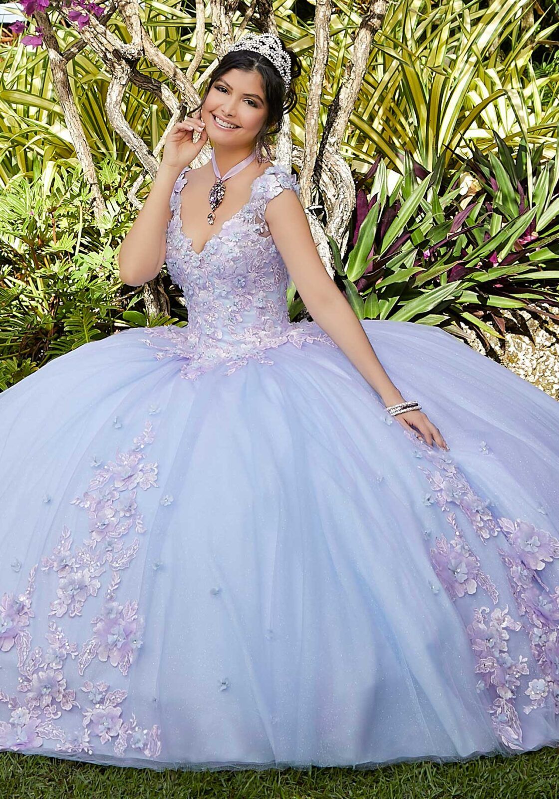 Beaded Floral Sparkling Tulle Quinceañera Dress | Morilee | Purple