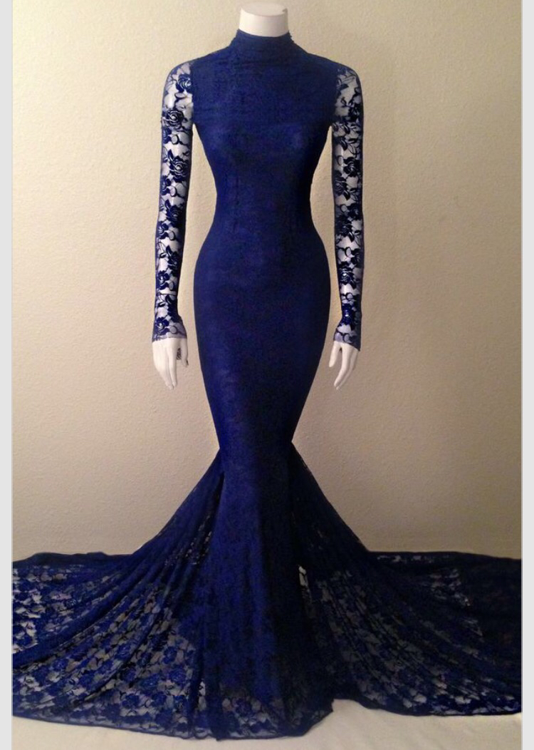 2016 Newest Long Sleeves Royal Blue Prom Dresses,Sexy Mermaid Lace