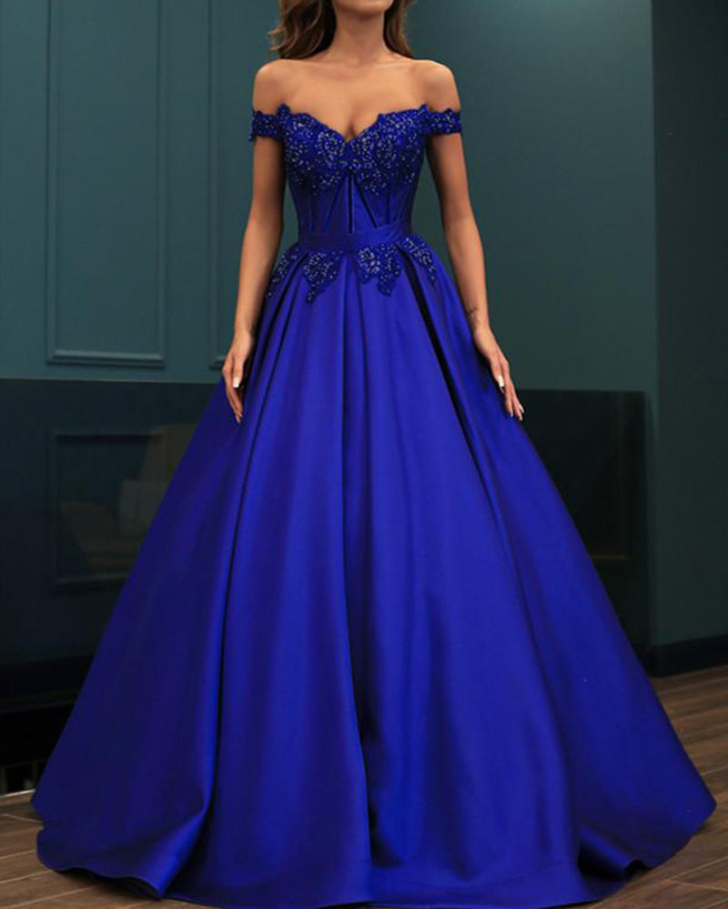 Royal Blue Satin lace Beaded Women Prom Evening Dress Engagement Formal Gown