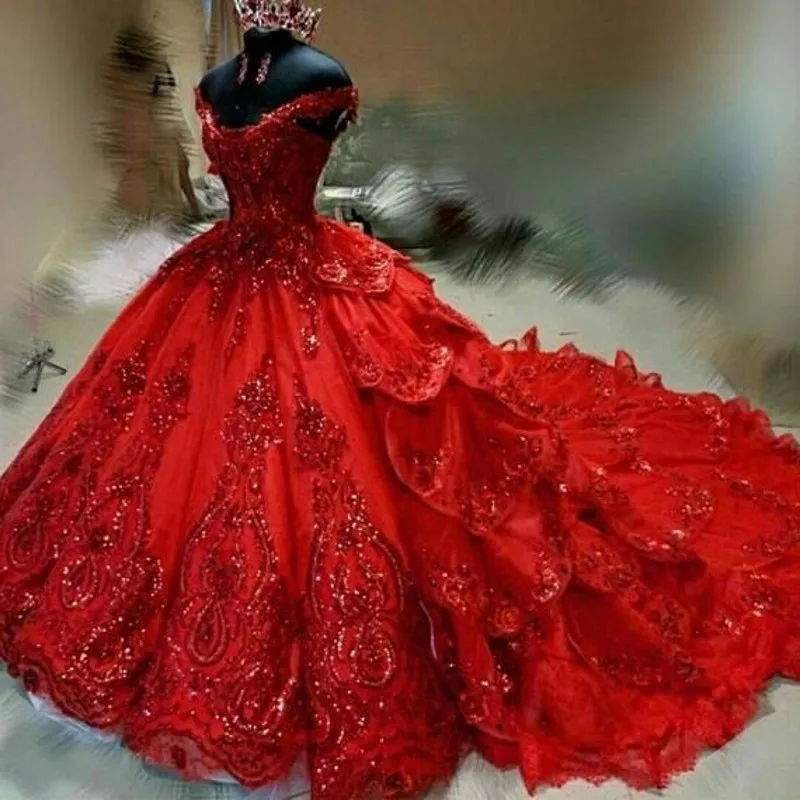 Luxury Red Quinceanera Dresses Off the Shoulder Puffy Tiered Skirt