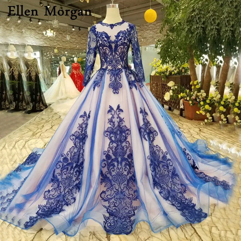 Royal Blue Photography Lace Ball Gowns Wedding Dresses 2019 Boat Neck